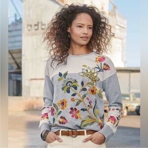 Johnny Was Venessa Floral Embroidered Heather Grey Sweatshirt NWT